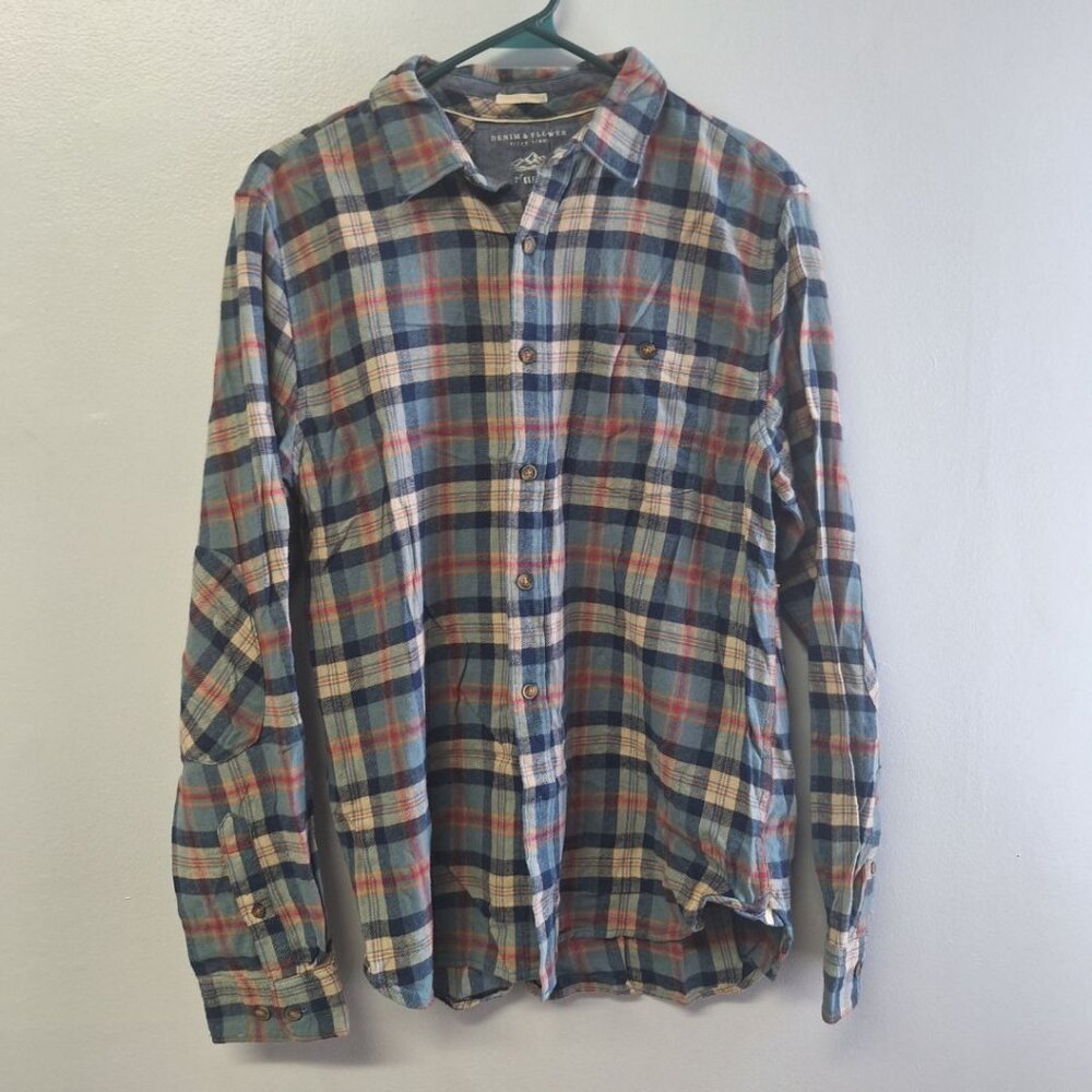 Denim‎ & Flowers Plaid Button Down Collar Mens L Ricky Singh Green Pocket Cotton